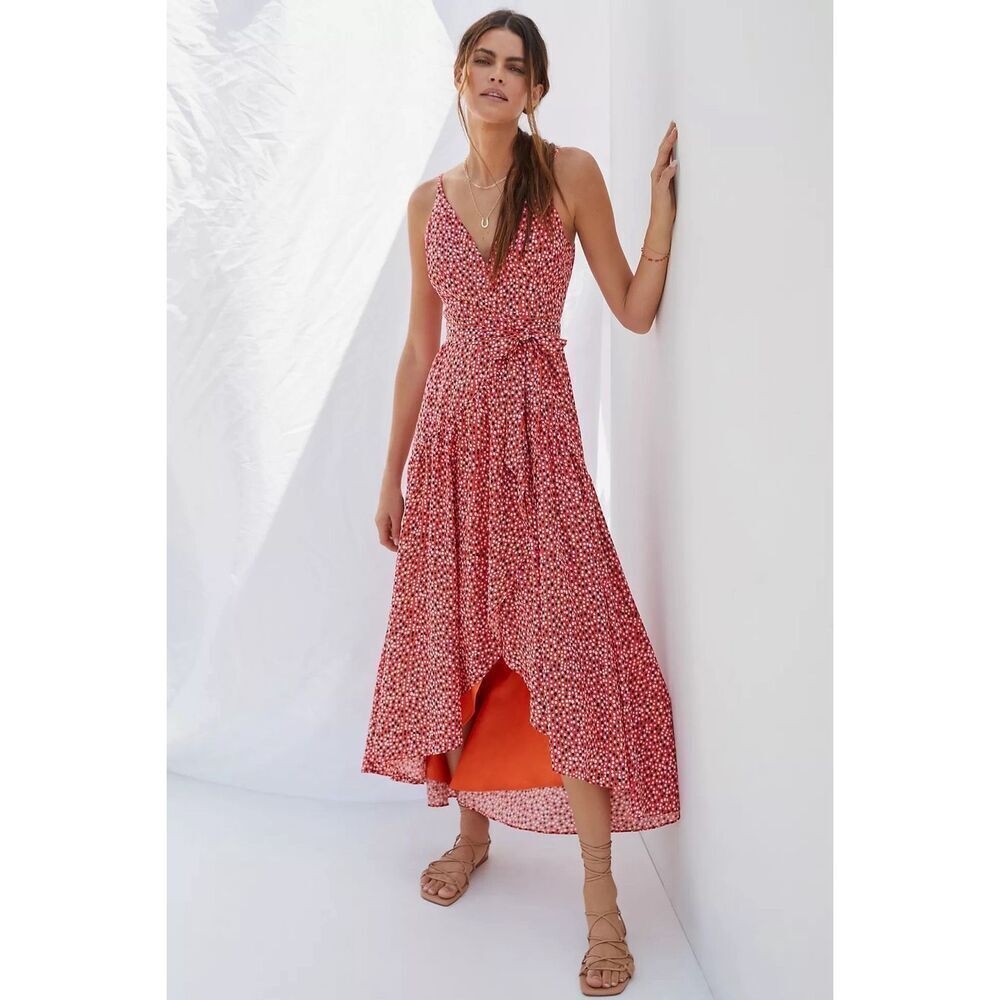 Hutch Red Floral Wrap Midi Dress